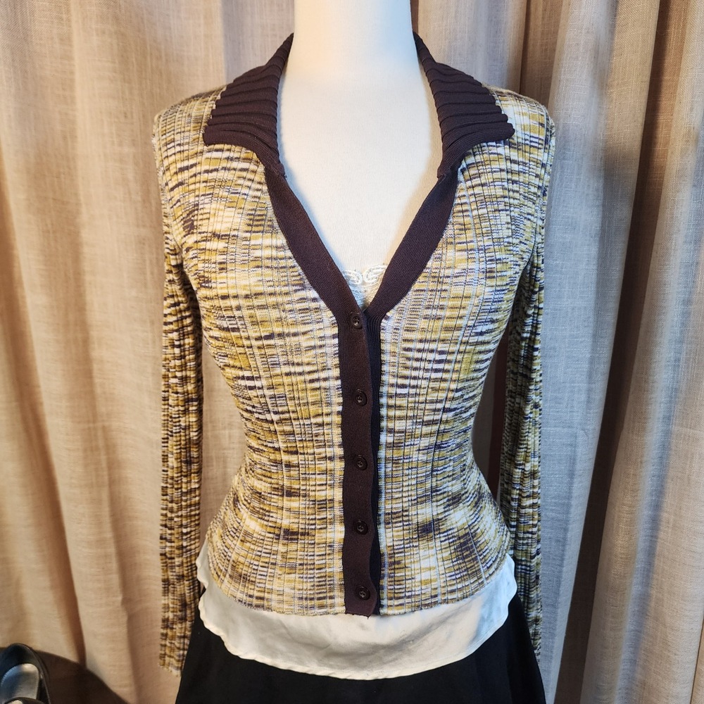 Hooked Up Y2K Brown Mustard Striped Ribbed Cardigan Sweater M Fitted